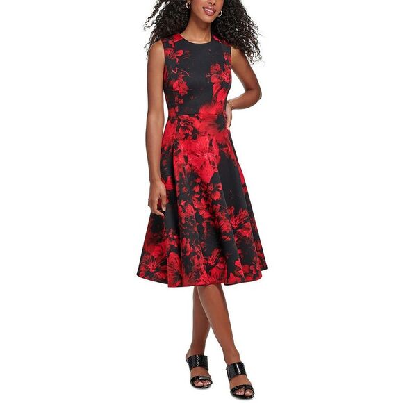 Calvin Klein Dresses & Skirts - Calvin Klein Womens Red Floral Midi Special Occasion Fit & Flare Dress NWT